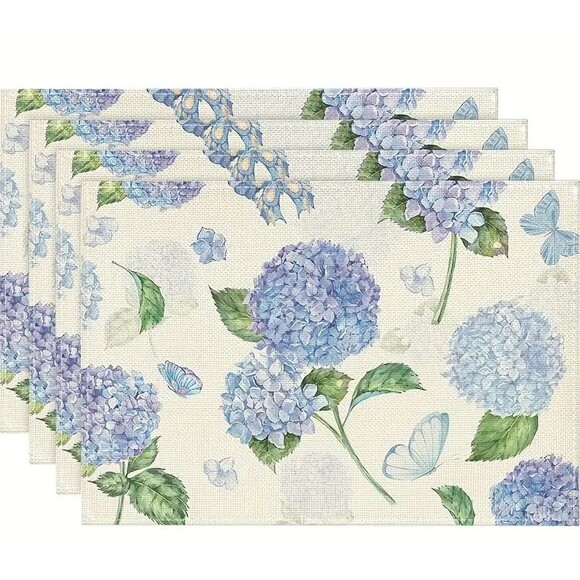 4 Piece Placemat Set 12x18in Blue Hydrangea Off White Linen Floral - Picture 1 of 2